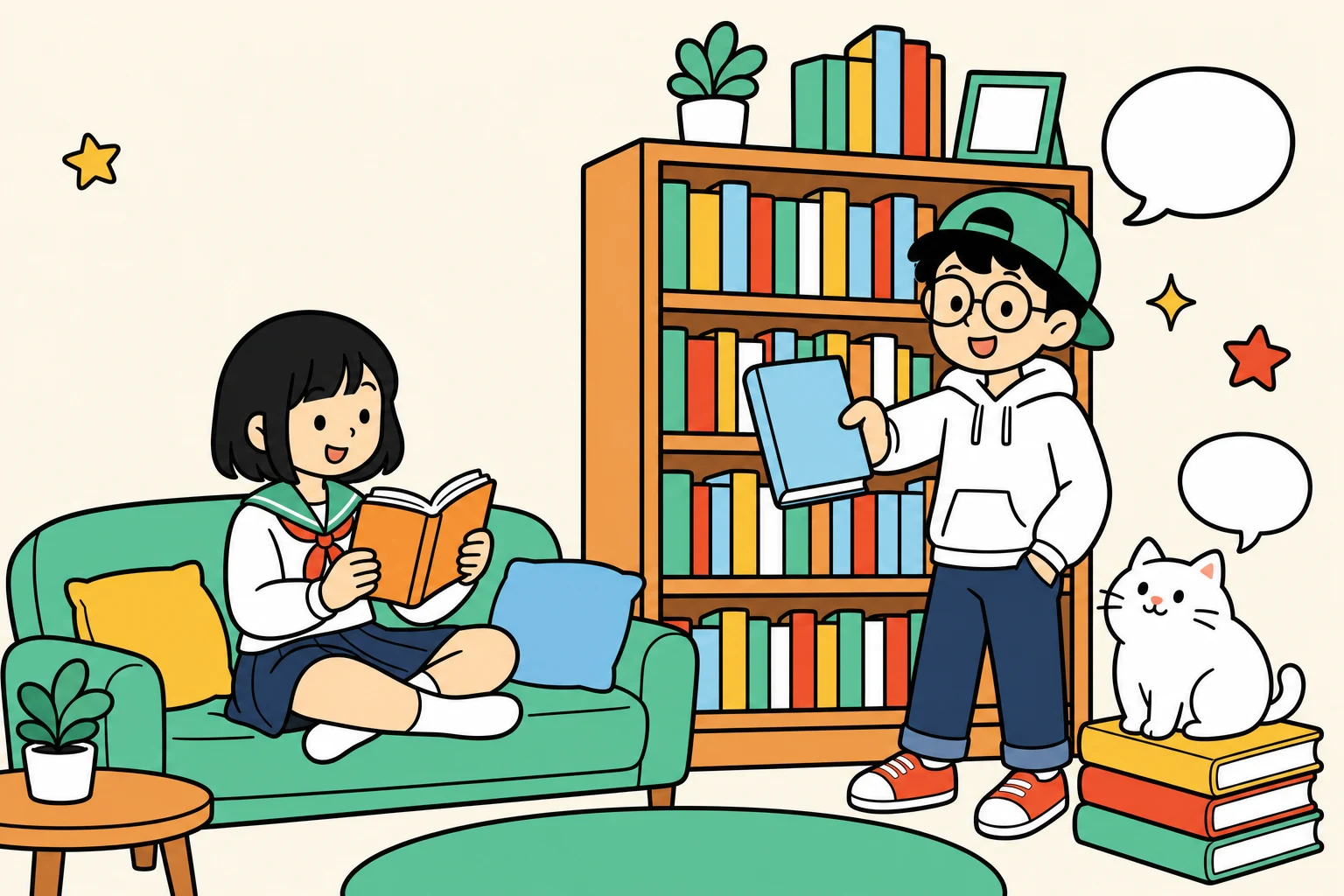 図書室で本を読む生徒と、本を差し出す生徒のイラスト